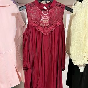 Lovely High Neck, Red Cold Sholuder Dress with Lace Detailing